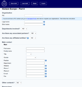 Horizon Euorope Part A information collection form (html)